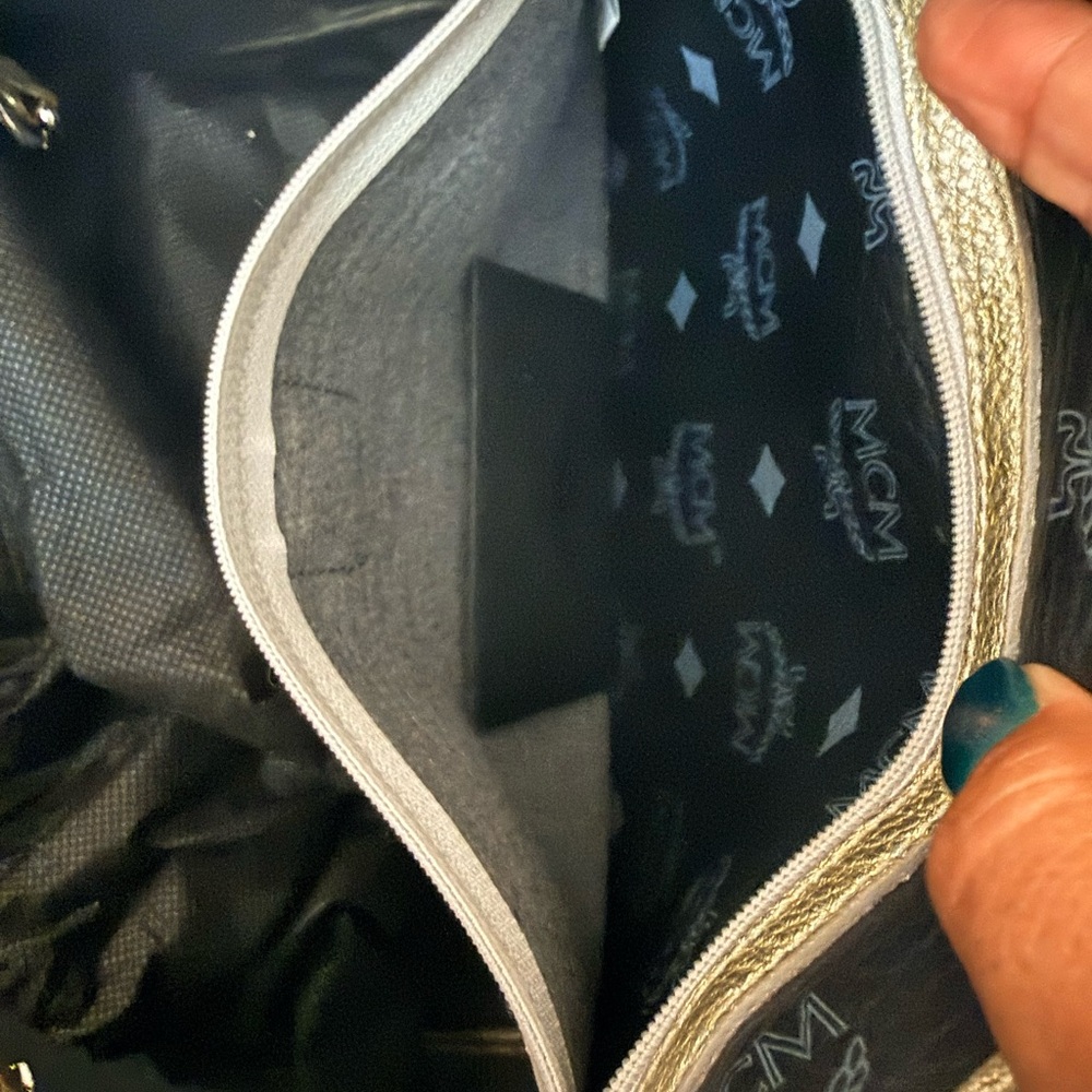 MCM Black Logo Tote with Metallic Gold Handles and Multicolor Stripe - Picture 6 of 6